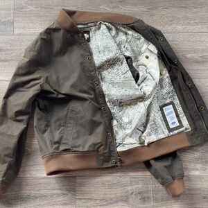 Taylor Stitch Olive Bomber Jacket with Brown Trim and Map Lining